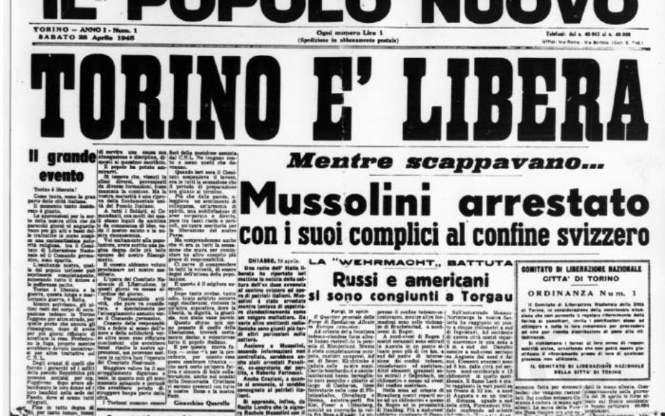 Prima pagina de Il popolo nuovo, Torino è libera, 28 aprile 1945
